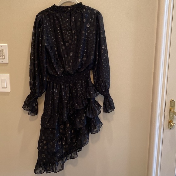 DO+BE x Revolve Sheer Asymmetrical Polka Smock Ruffle Tiered Black Dress SMALL - Picture 7 of 11